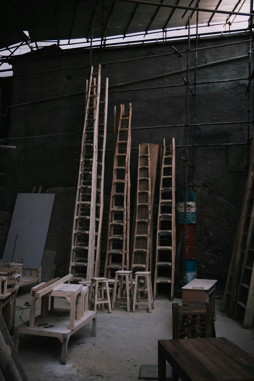 Wooden chair with upholstered seat in a workshop