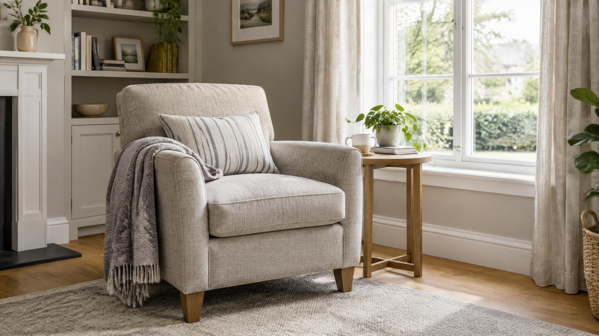 Cozy armchair beside a window in a living room