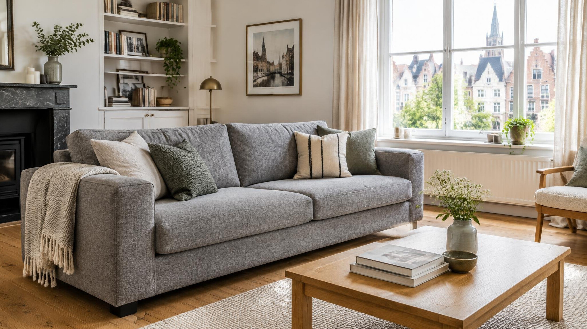 Bright living room with a freshly reupholstered grey sofa
