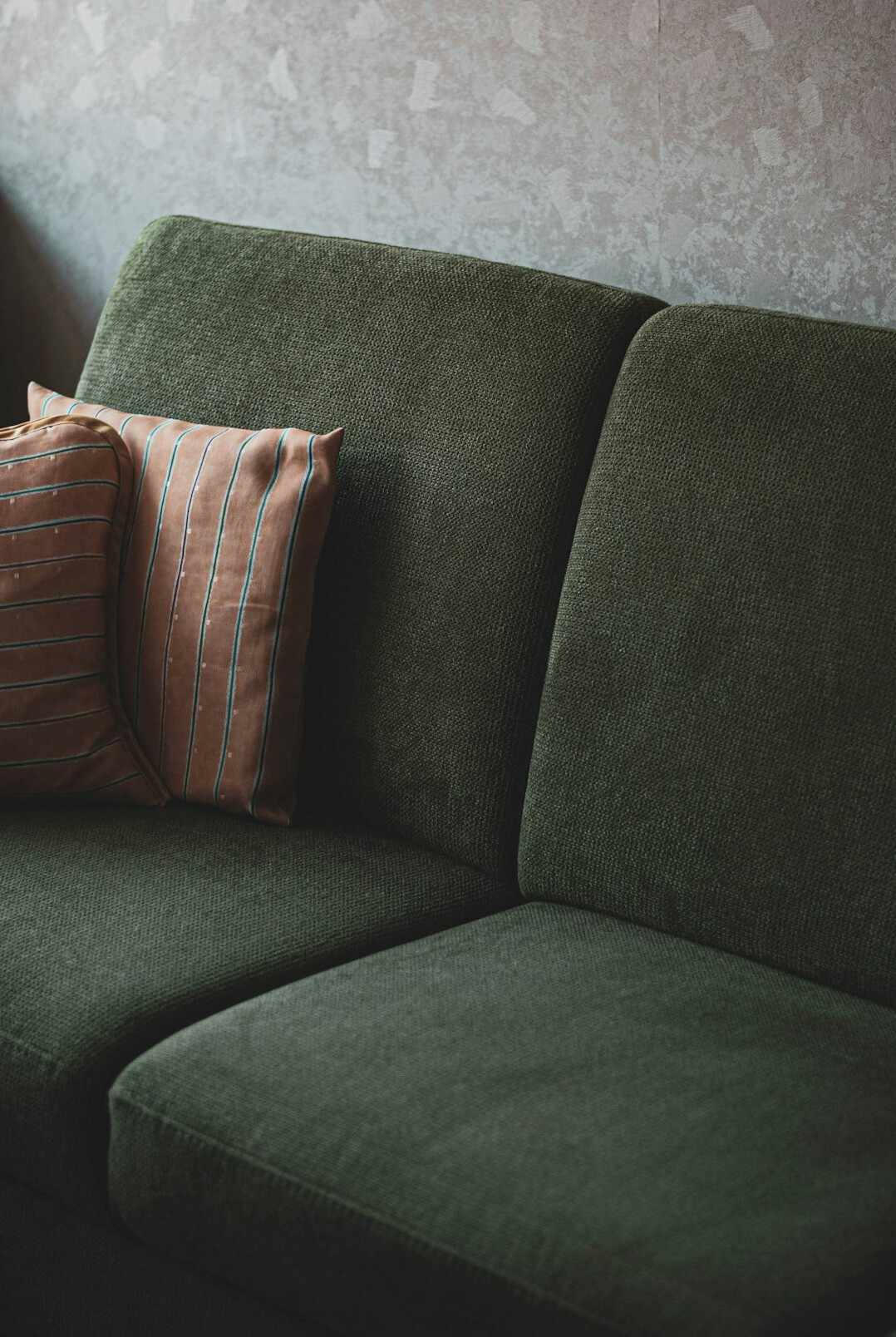 Comfortable sofa with plump cushions in modern living room