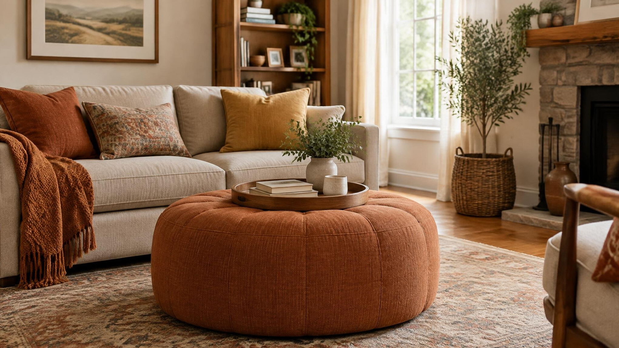 Living room with an upholstered ottoman and sofa